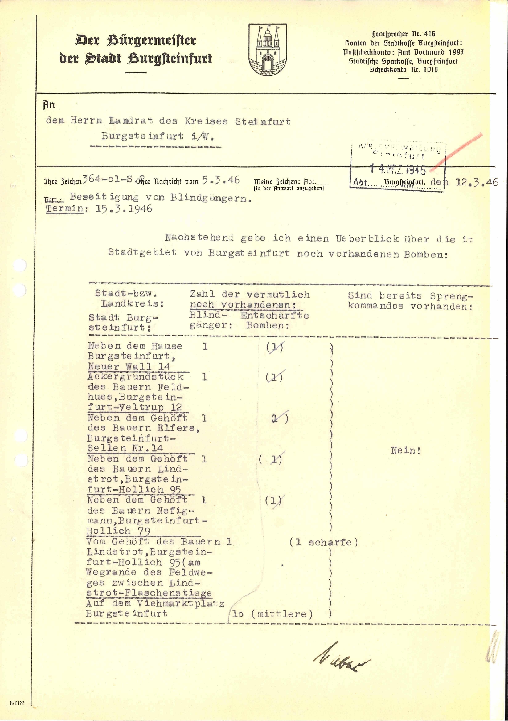 Auflistung der noch zu beseitigenden Bomben im Gebiet Burgsteinfurt Auflistung der noch zu beseitigenden Bomben im Gebiet Burgsteinfurt